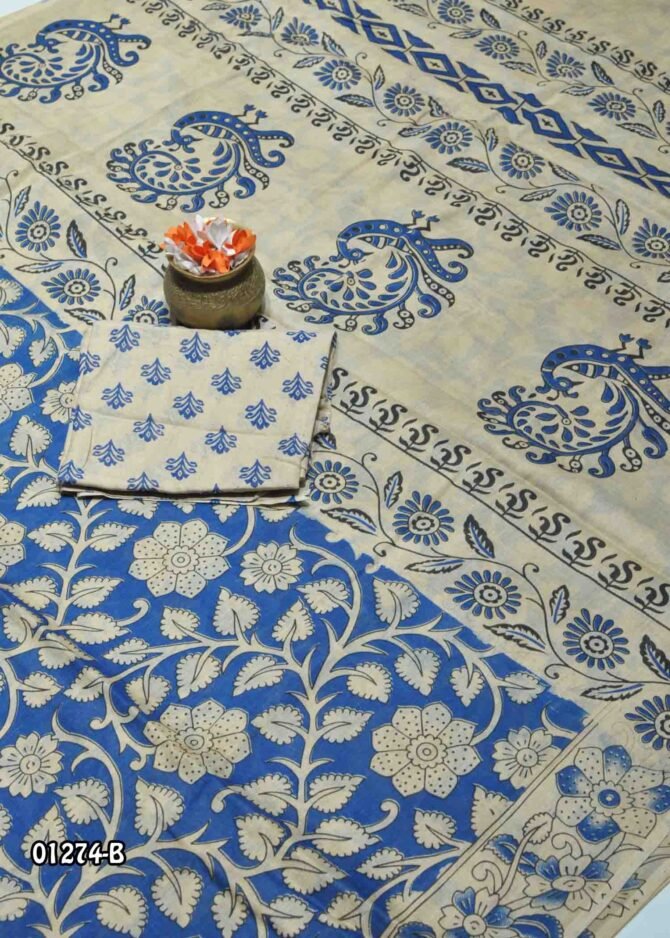 Dhanvika-01274-B  CobaltBlue Color Excellent Kalamkari Print Battink Cotton Saree CM1148228 (RR1E)