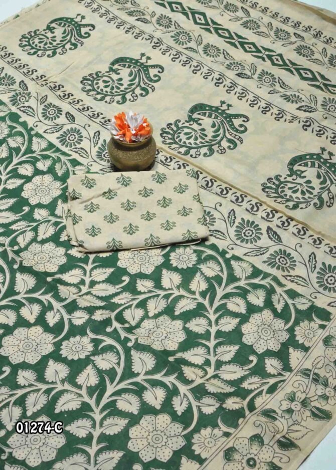 Dhanvika-01274-C  DarkGreen Color Excellent Kalamkari Print Battink Cotton Saree CM1148228 (RR1E)