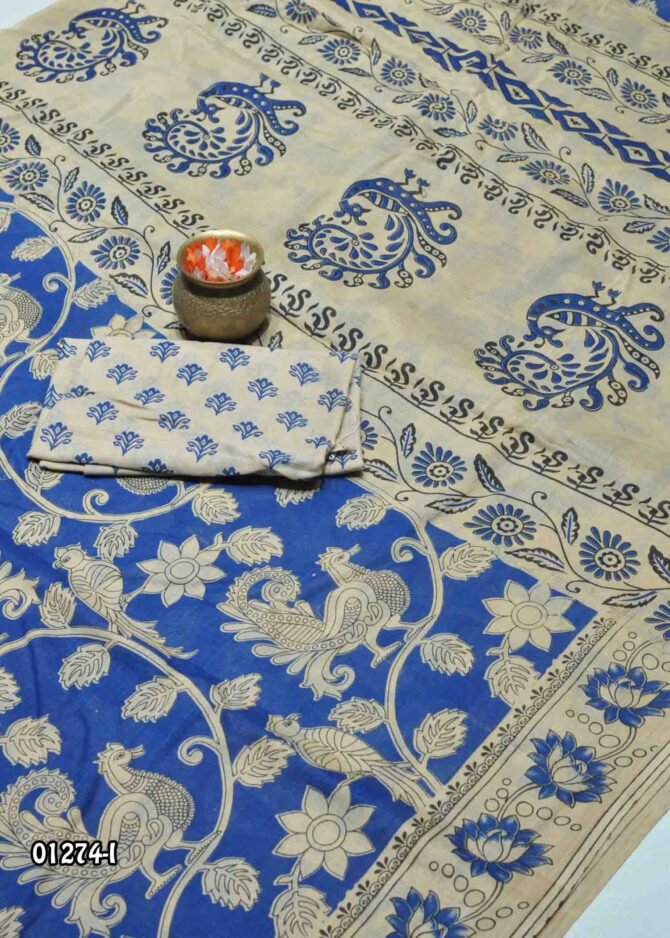 Dhanvika-01274-I  CobaltBlue Color Excellent Kalamkari Print Battink Cotton Saree CM1148228 (RR1E)