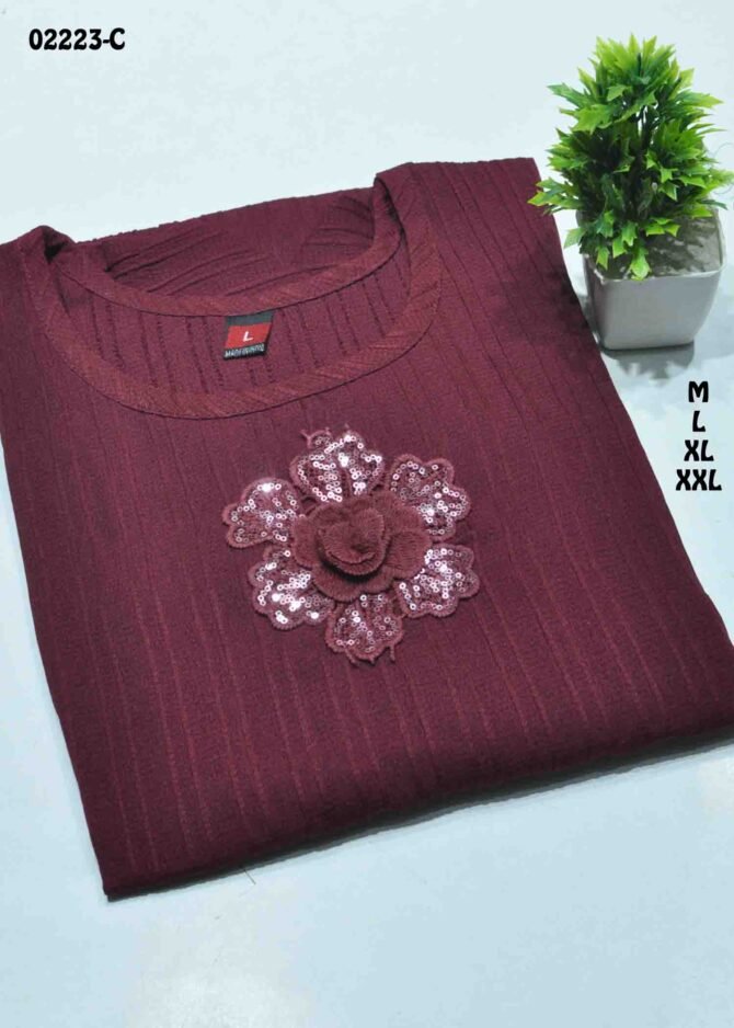 Nilani- 02223-C  Maroon Color Trendy Popcorn Readymade Kurti CM1152942 [RR1C]