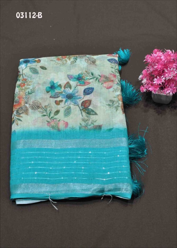 Anupriya - 03112-B Light Sage Green Color Flower Design Linen Cotton Saree CM1171571 (RR7D)