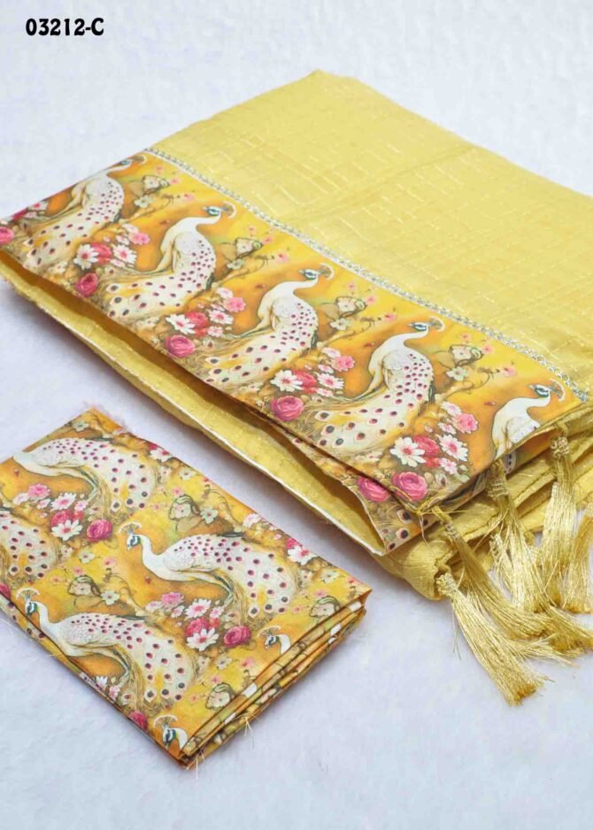 Arshitha- 03212-C   Yellow Color Fantastic Peacock Design Digital Chiffon Saree CM1162382 (RR4D)