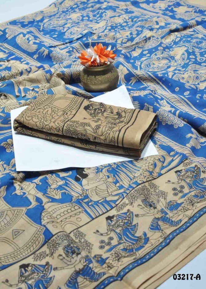 Vihana -03217-A  Blue Color Summer Special Kalamkari Print Battik Cotton Saree CM1172814 (RR3B)