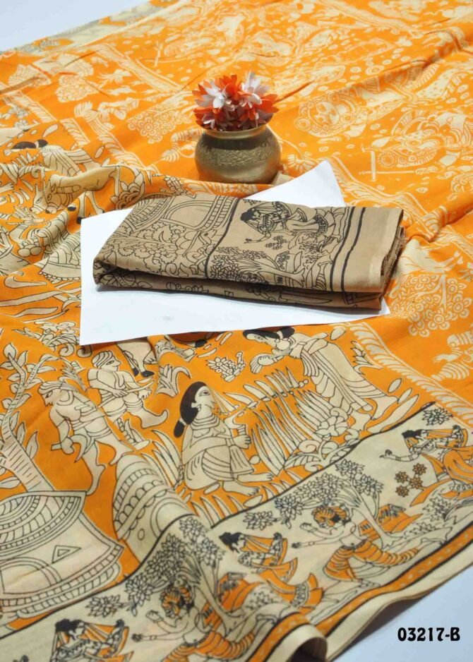 Vihana -03217-B  Mustard Color Summer Special Kalamkari Print Battik Cotton Saree CM1172814 (RR3B)