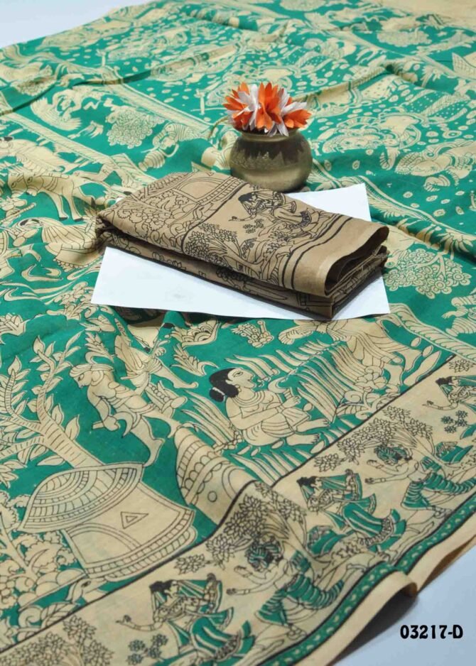 Vihana -03217-D  Green Color Summer Special Kalamkari Print Battik Cotton Saree CM1172814 (RR3B)