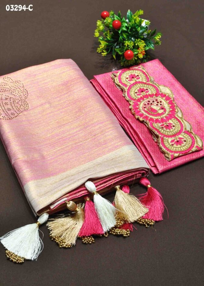 Thennila-03294-C  Tan With Pink Color Traditional Wear Stone Work Soft Silk Saree CM1158952 (RR11C)