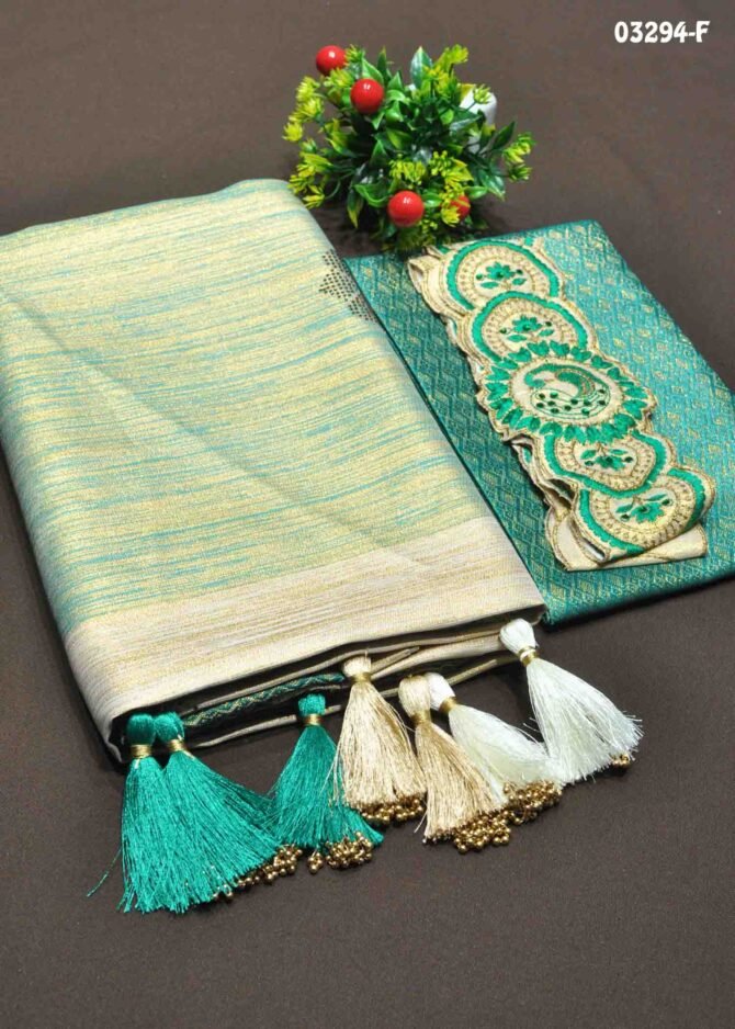 Thennila-03294-F  Tan With Green Color Traditional Wear Stone Work Soft Silk Saree CM1158952 (RR11C)