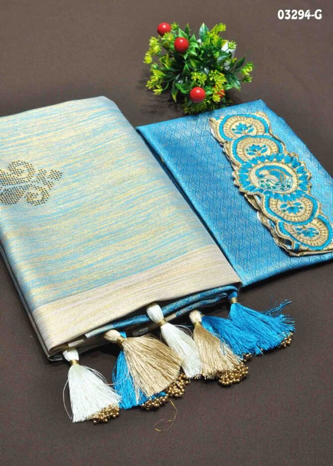 Thennila-03294-G  Tan With Skyblue Color Traditional Wear Stone Work Soft Silk Saree CM1158952 (RR11C)