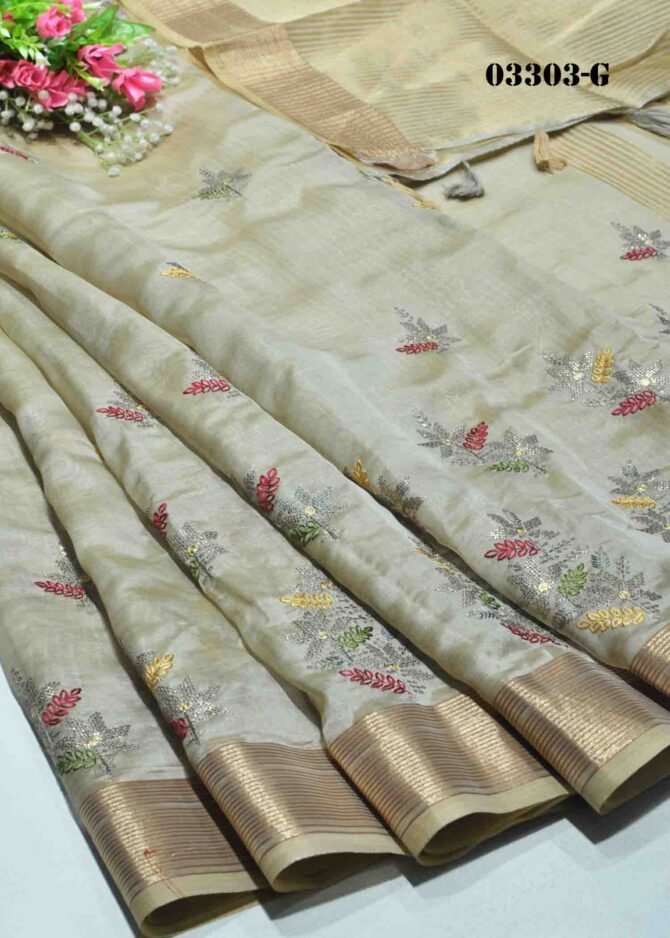 Rizwa-03303-G Oat Brown Color Beautiful Embroidery Silk Cotton Saree CM1169854 (RR1D)